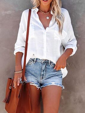 New White Button-Down Lightweight Blouse Cover up